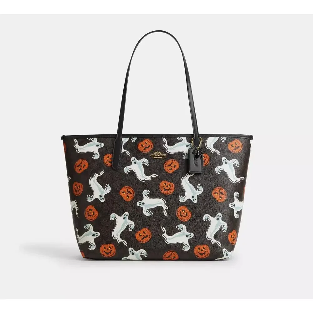 Coach City Tote Bag In Signature Canvas With Halloween Print Pumpkin Ghost NWT